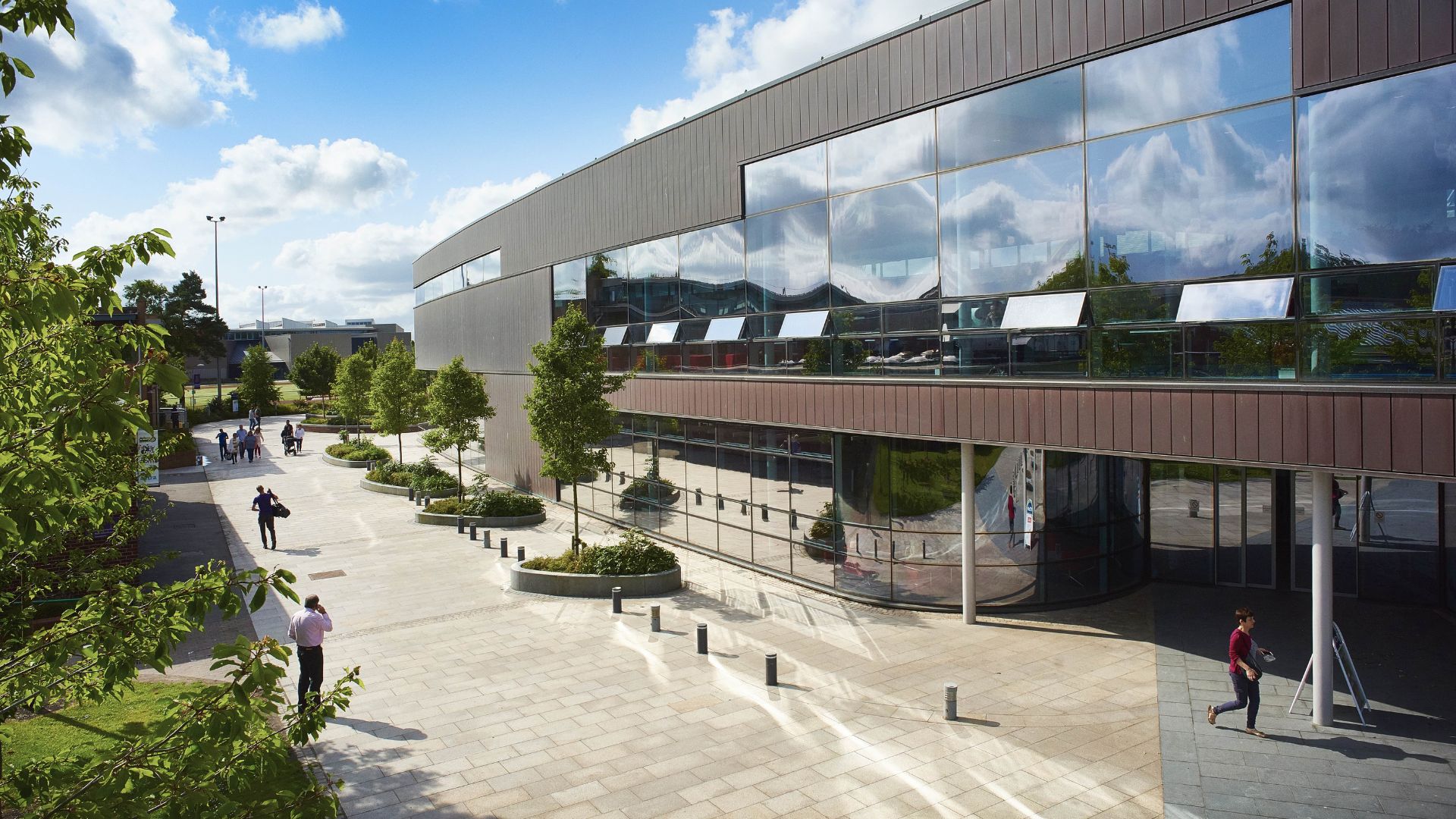 exterior shot of campus showing the hub