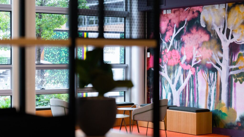 interior shot of the hub after redevelopment Image shows a close up of bookshelves and wall mural