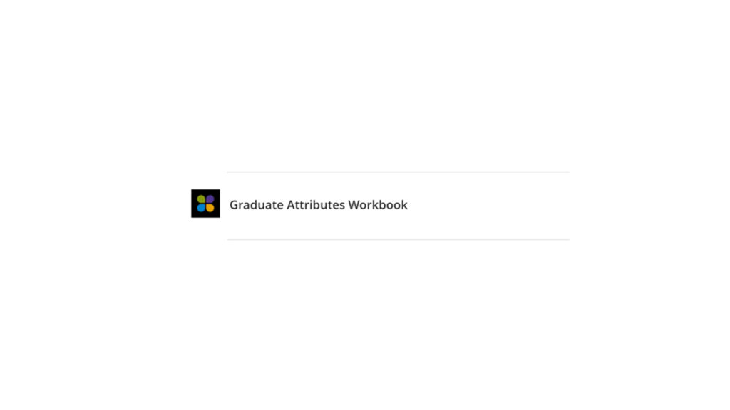 This screenshot shows a typical PebblePad link within a Blackboard Course. The link reads “Graduate Attributes Workbook” and a small icon shows the PebblePad logo on a black background. 