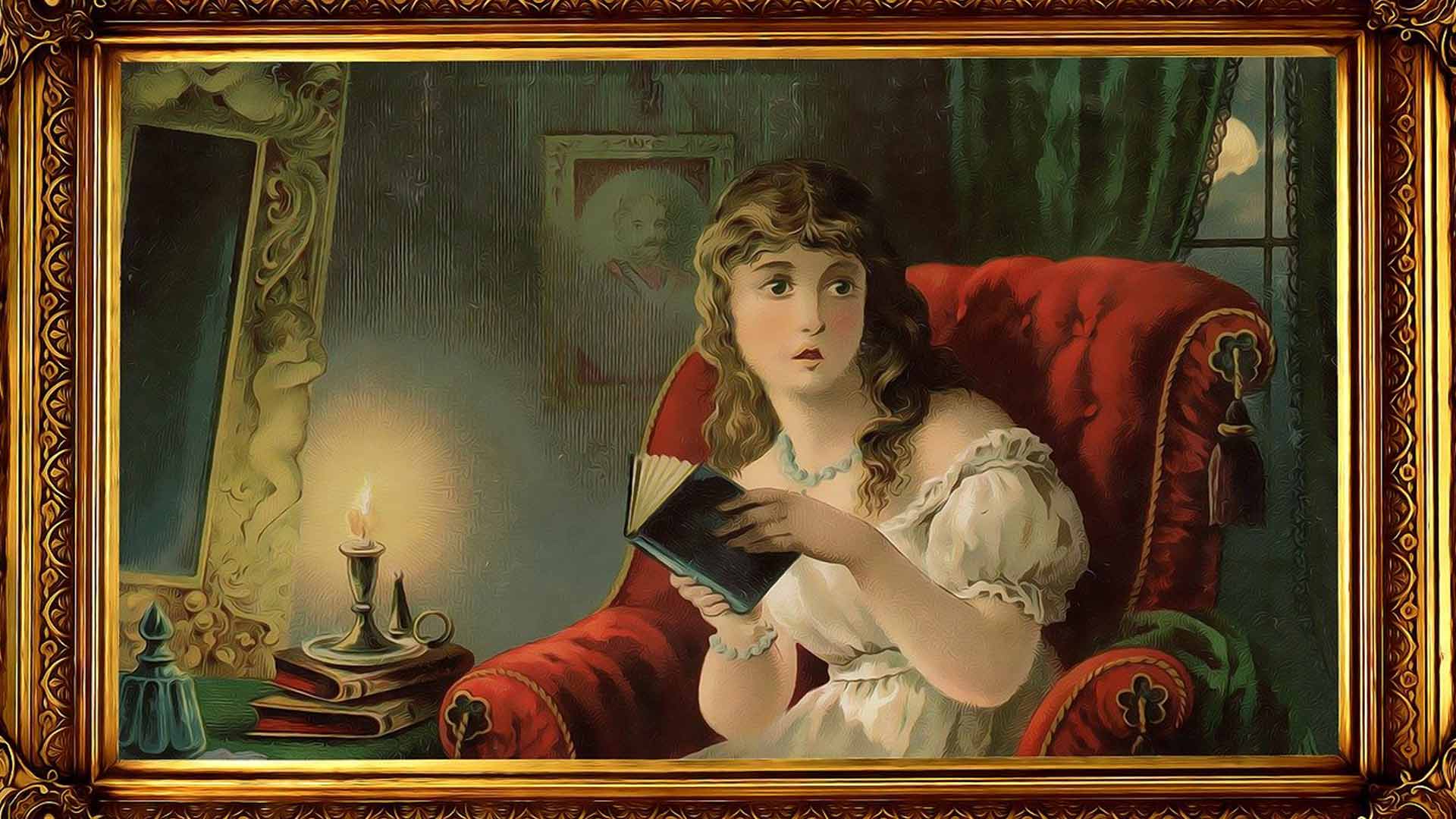 An framed oil painting of a young girl sat in a chair reading a book and looking scared.