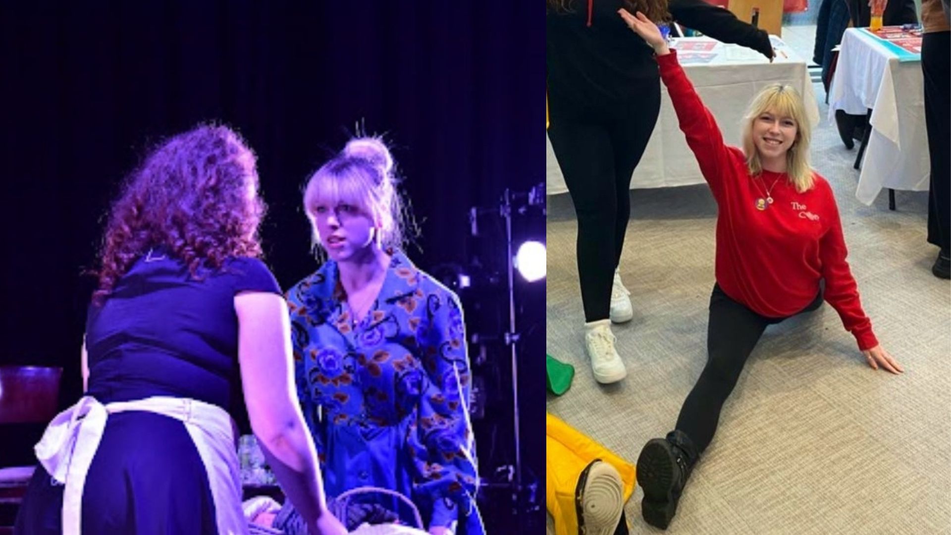 Two pictures of Shannon Flemming. One of her acting on stage. Another of her doing the splits.