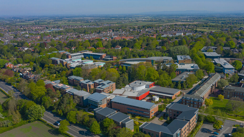 aerial shot of campus and Ormskirk town centre
