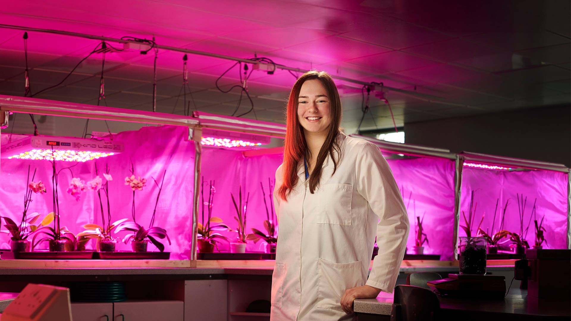 Biology student Megan Quail poses in a BioSciences lab