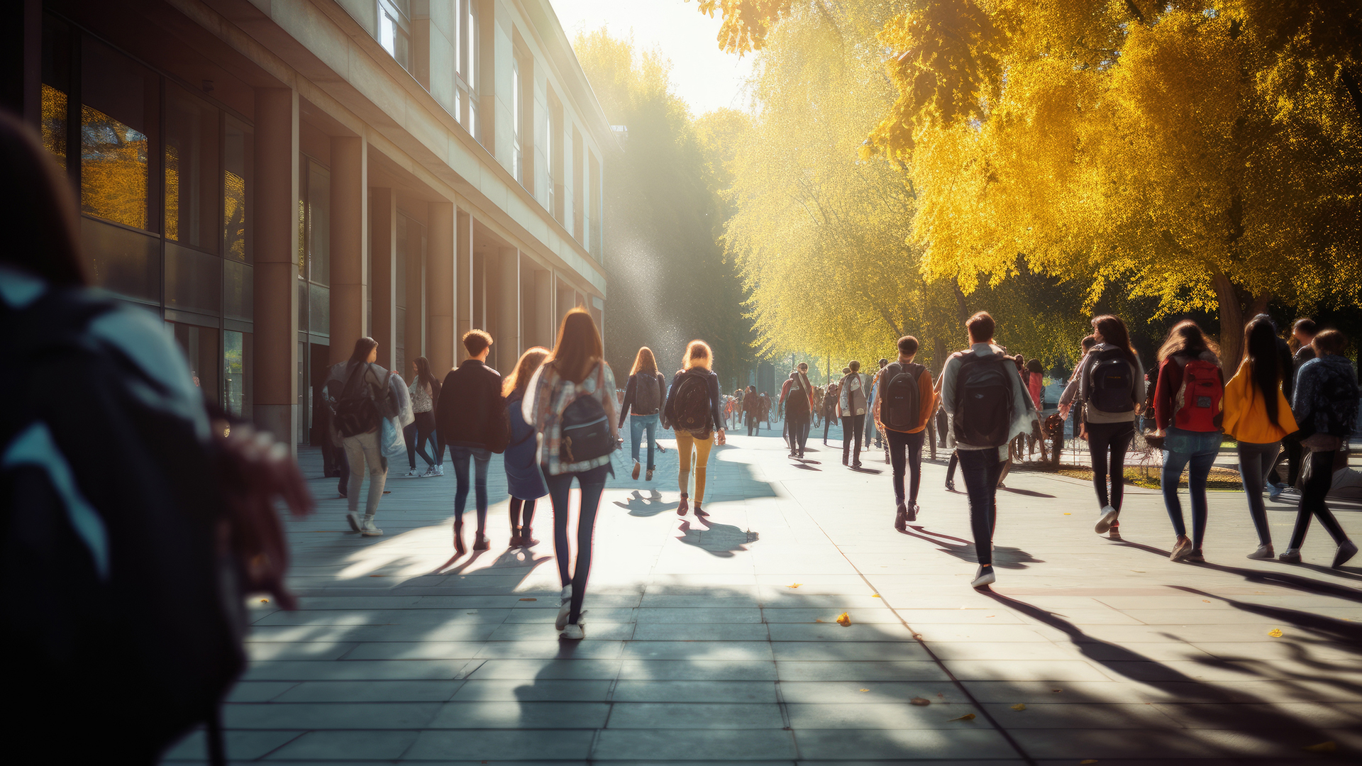 People walking across a University campus.