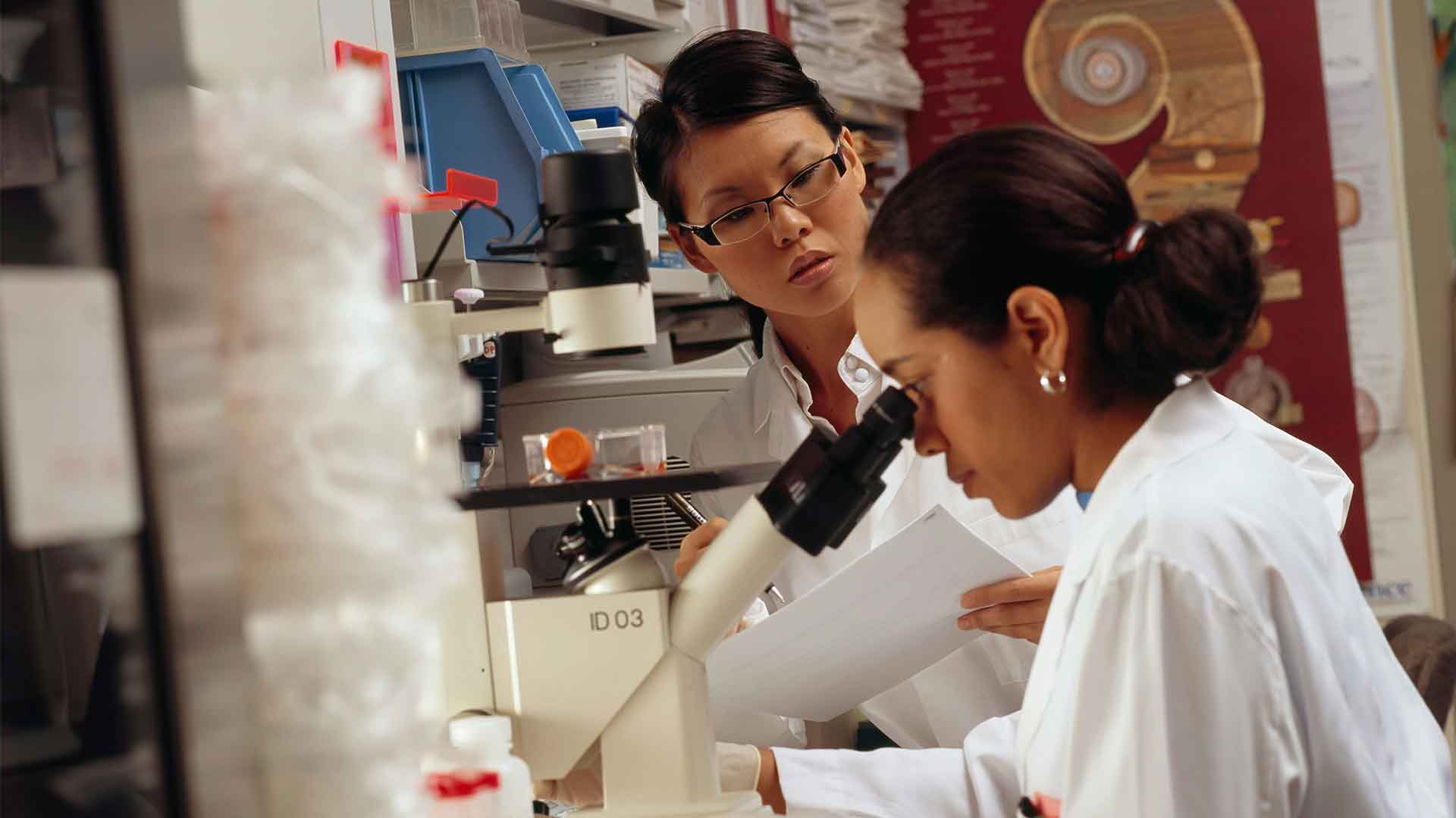 Two students looking into a microscope in a lab.