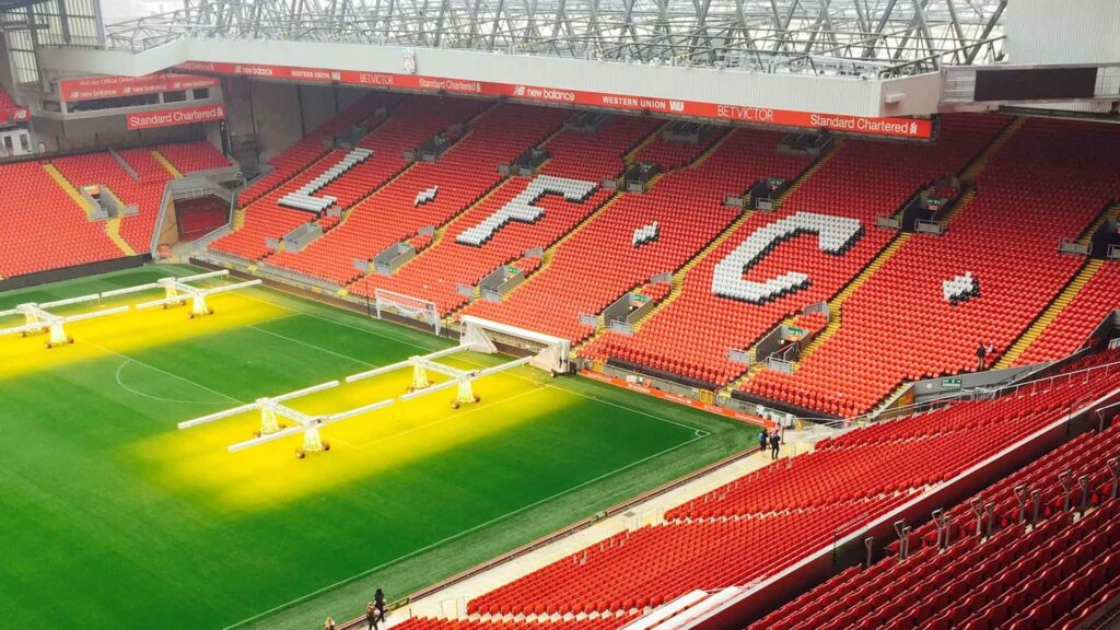 A high-angle shot of Liverpool's Anfield stadium