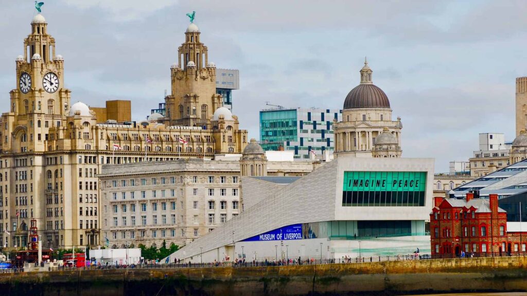 A view of the Liver Buildings and the Museum of Liverpool