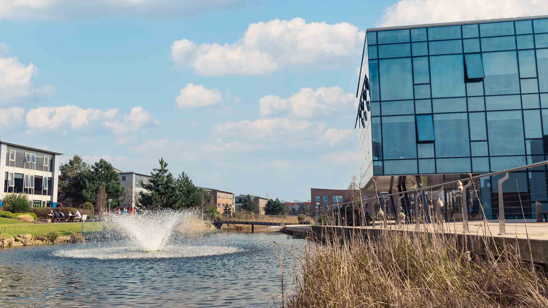 Image of part of campus. Photo showing Creative Edge, Lake and accommodation blocks