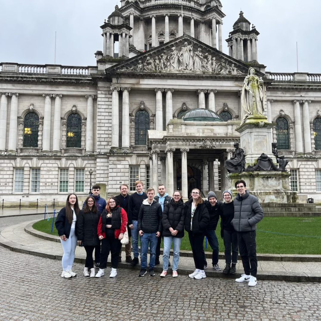 students and staff outside City Hall