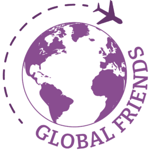 logo showing a world with the words global friends around the edge and a plane