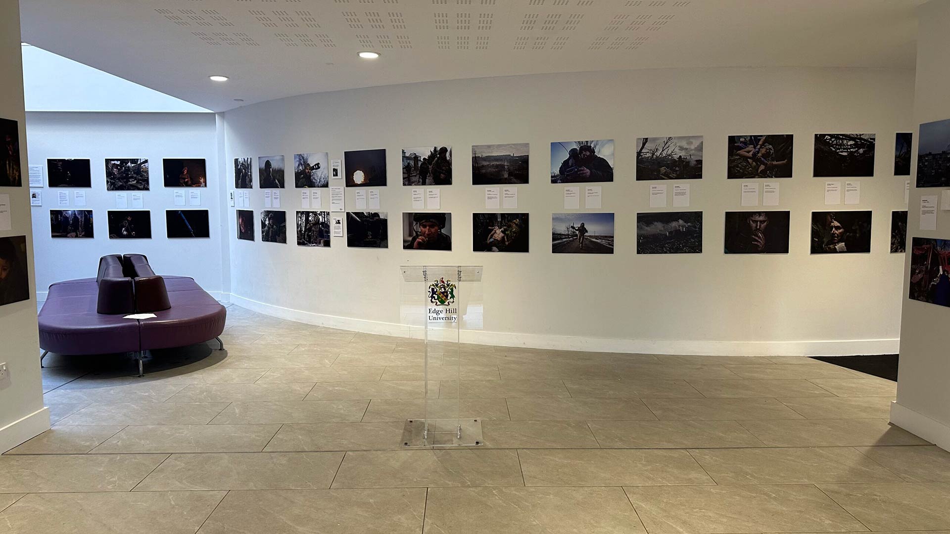 A view of the Ukraine war photo exhibition taking place at Edge Hill University.