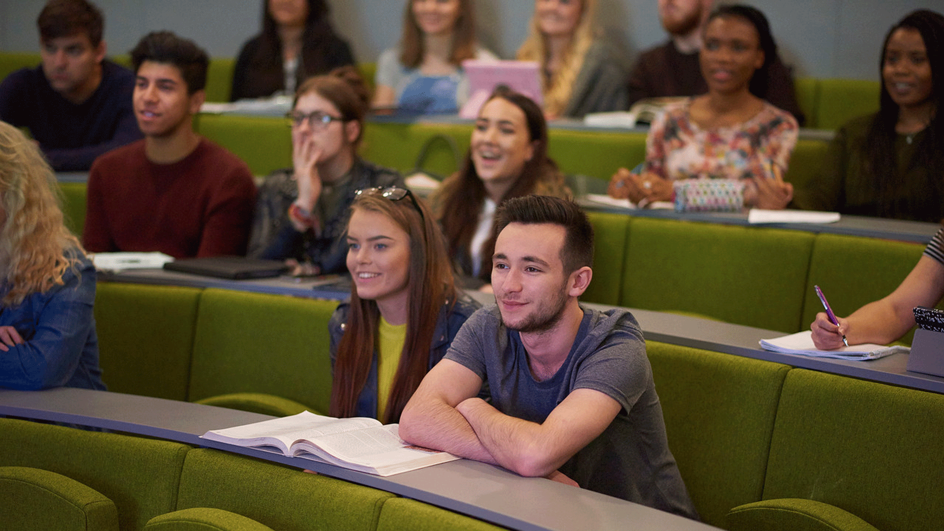 Students in a lecture theatre in the Biosciences building.