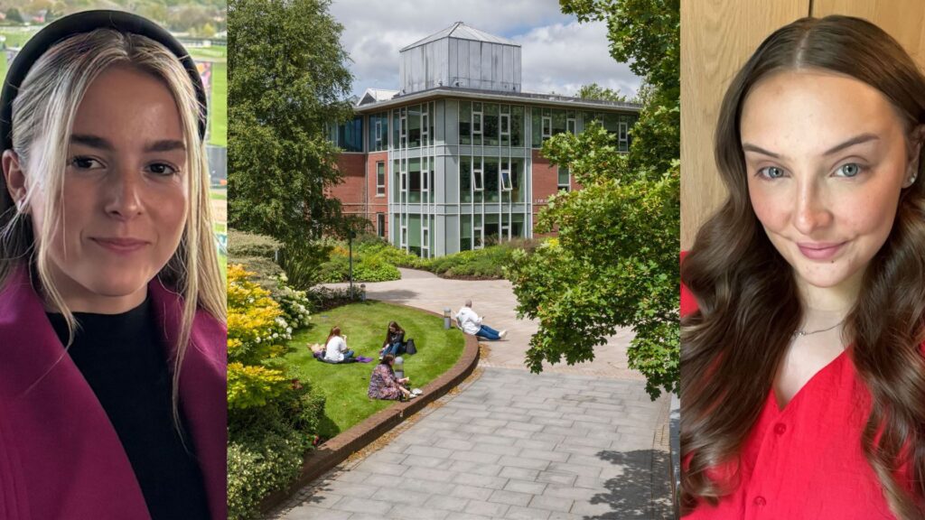 Photograph of Law Alumni Millie Prescott and Lucy Baines either side of an image of the Law and Psychology Building.