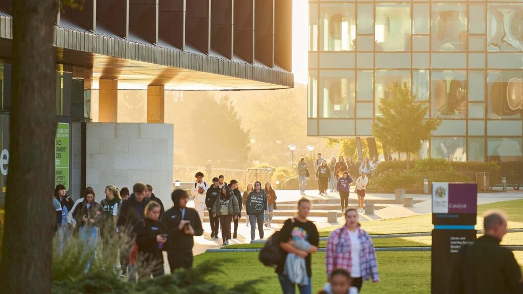 Students near a building