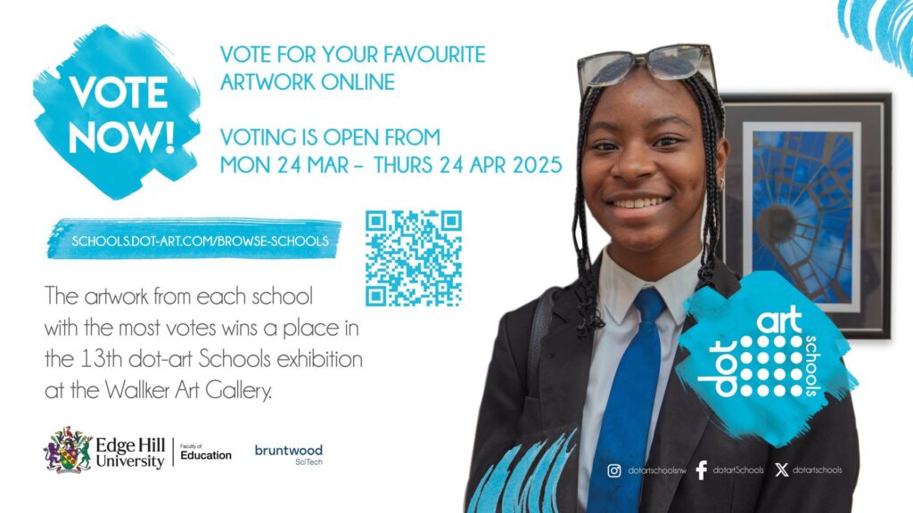 poster of child in school uniform with glasses on in fromt of art work. on poster is says, vote now, vote for your favourite artwork online.