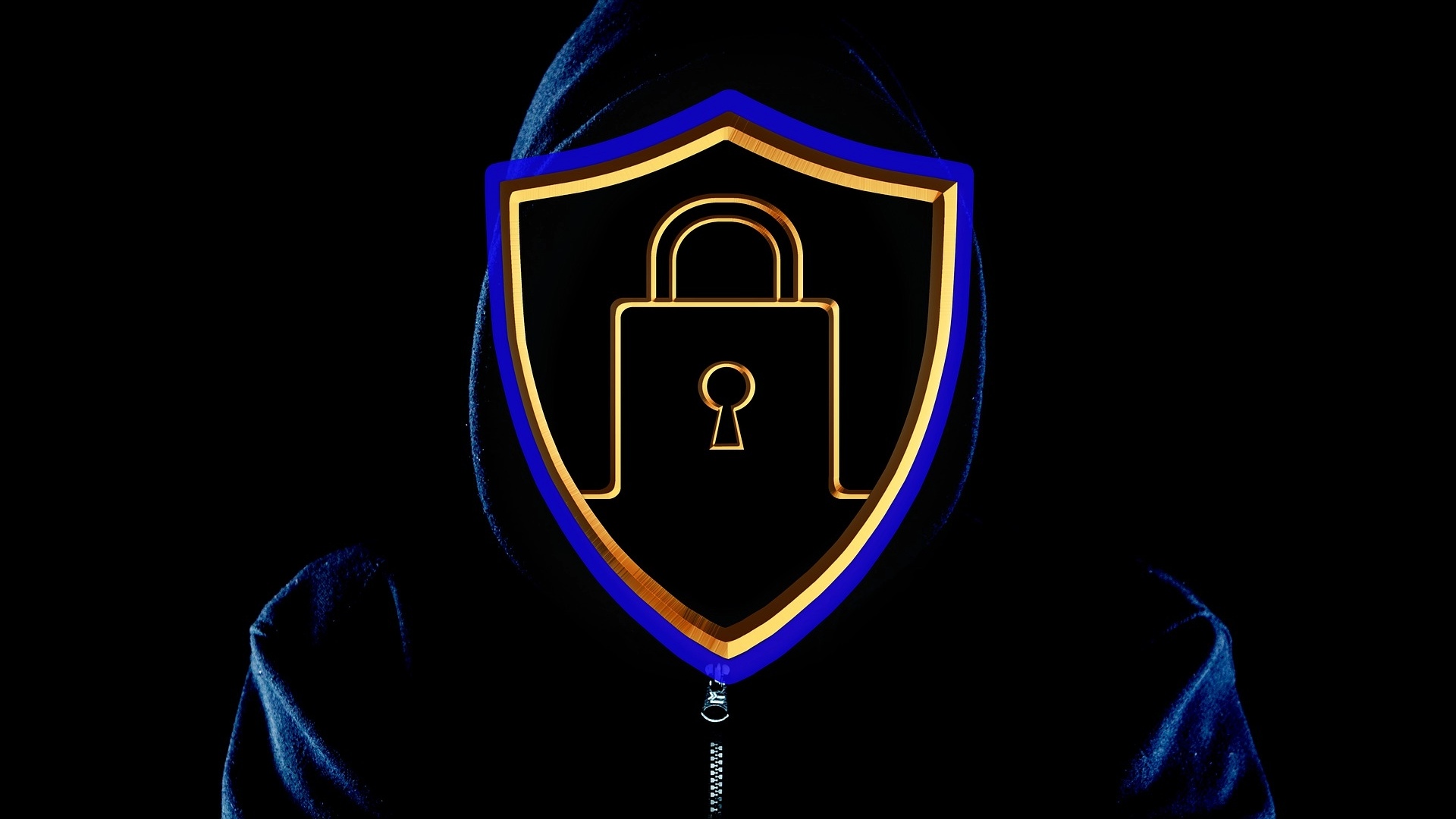 Image of hooded figure with a padlock and shield image over the face area.