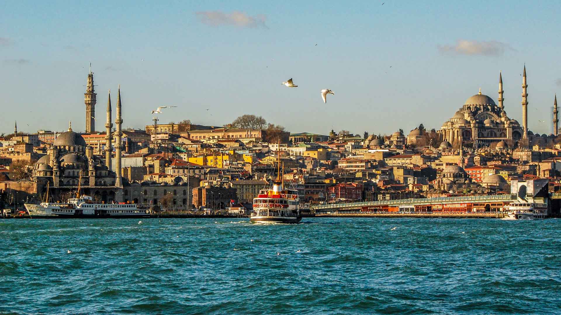 View on Istanbul from the Bosphore showing a boat and the city behind it