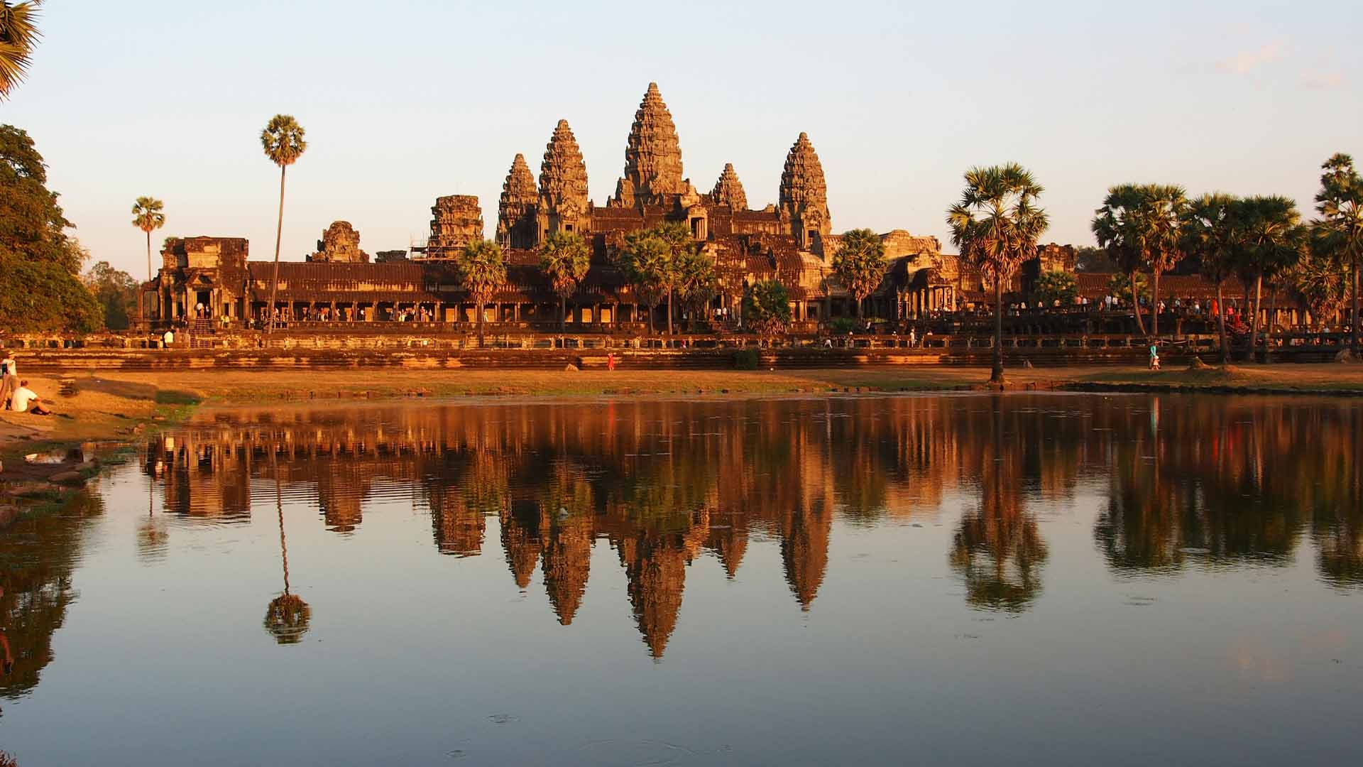 Buddhist temple in Angkor Wat, Cambodia, seen at a distance from a lake view