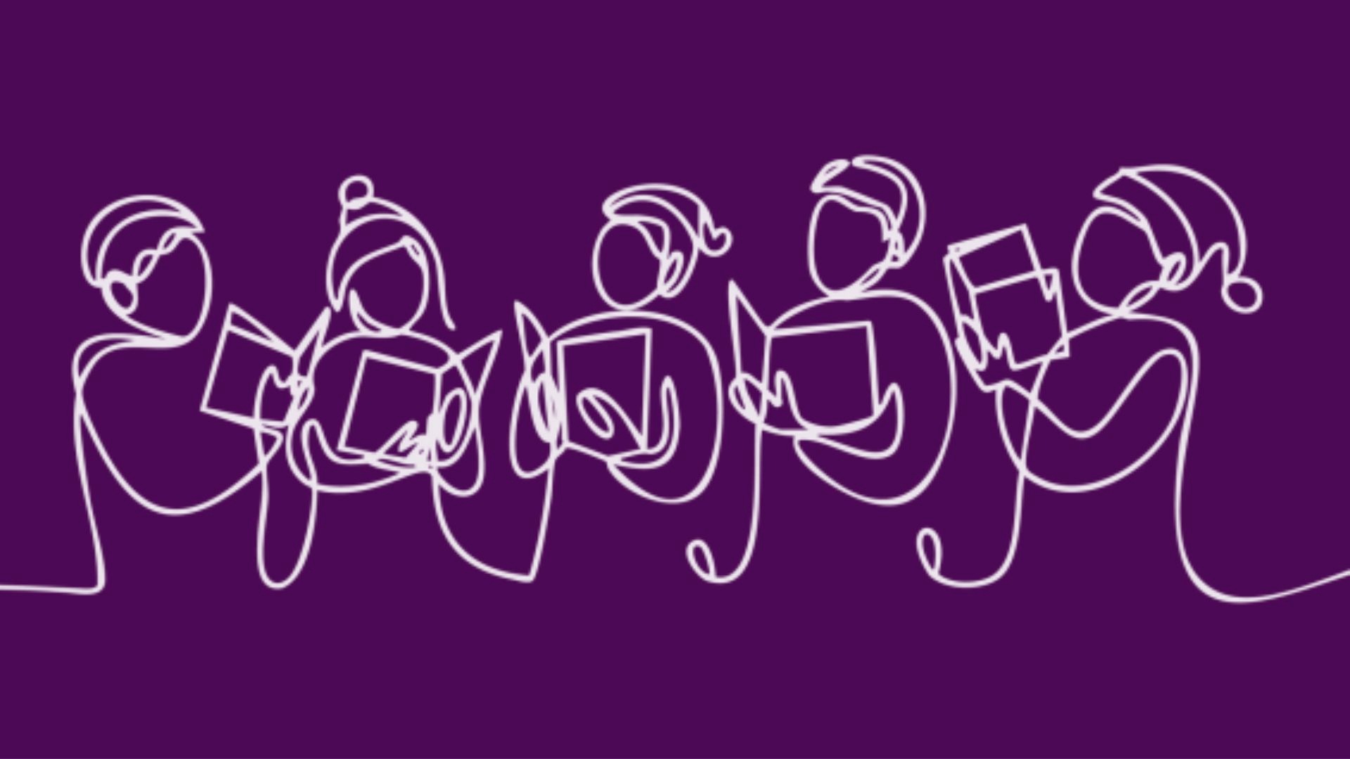 purple background with people drawn in a squiggly manor.