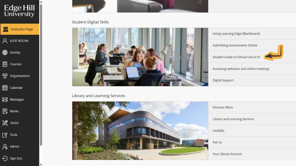 Screenshot of the Learning Edge (Blackboard) Institution Page with the Student Guide to Ethical Use of AI highlighted on the Student Digital Skills tab. 