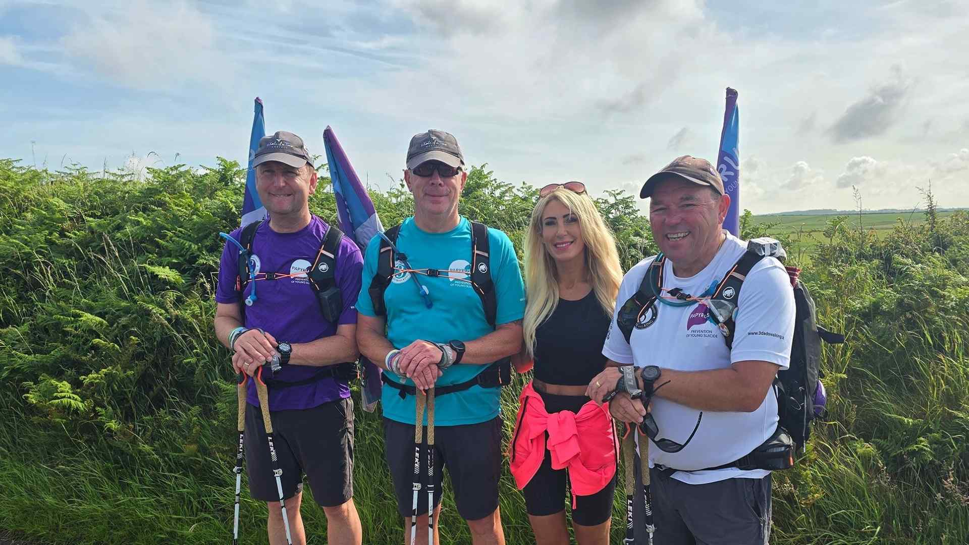 photos of Nina, and three dads walking outside wearing walking gears.