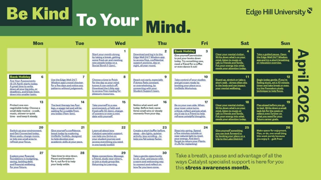 Catalyst Calendar: Be Kind To Your Mind. A screen shot of an interactive PDF calendar. Any use of this image should be hyperlinked to the document.