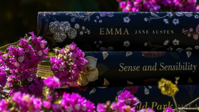 image of Jane Austen books with some pink flowers around it.