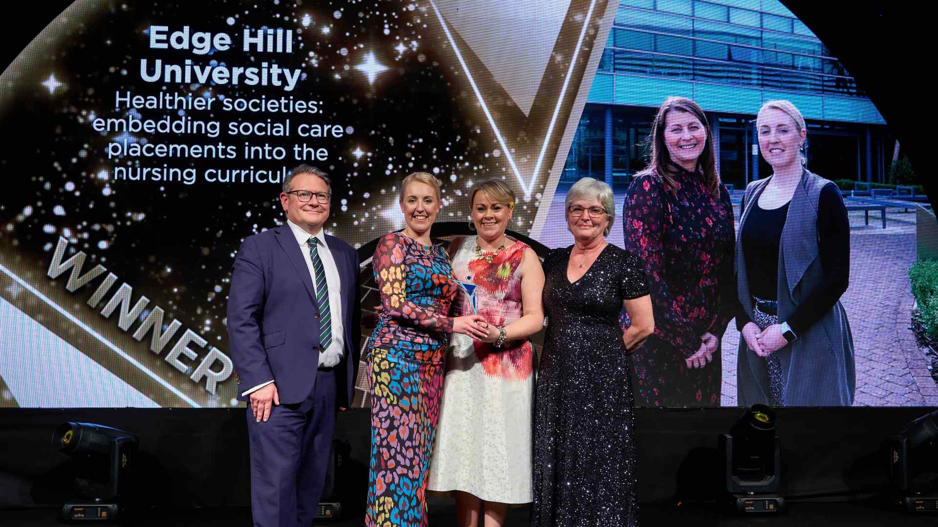 On stage award pic, left to right: Steve Ford- Editor, Nursing Times Abi Heath- Nurse Lecturer for Simulation and Practice Nurse Education (EHU) Emma Galley- Associate Head of Nursing; Practice Education (EHU) Dr Crystal Oldman CBE- Vice President of the International Home Care Nurses Organisation & CNO Lifetime Achievement Award recipient 2025