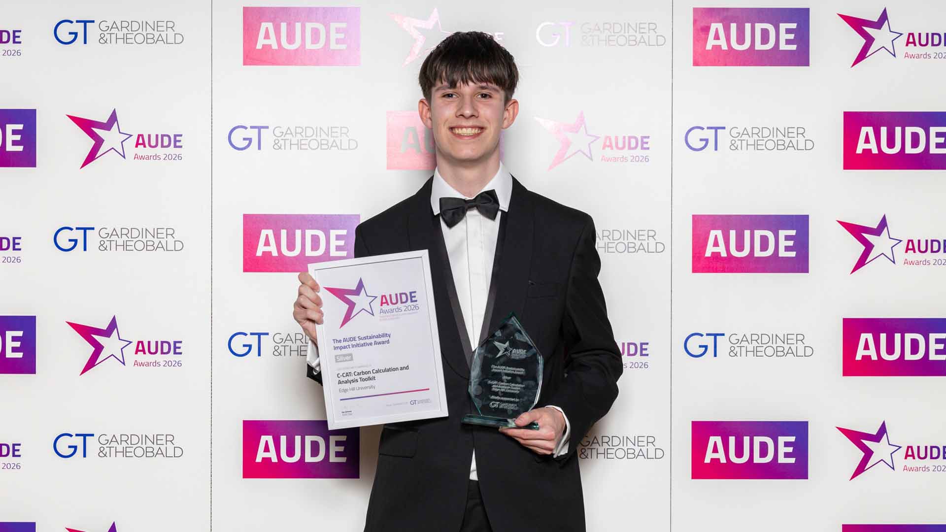 Image of Geography student, Daniel, with his Silver Award at the AUDE Awards 2026.