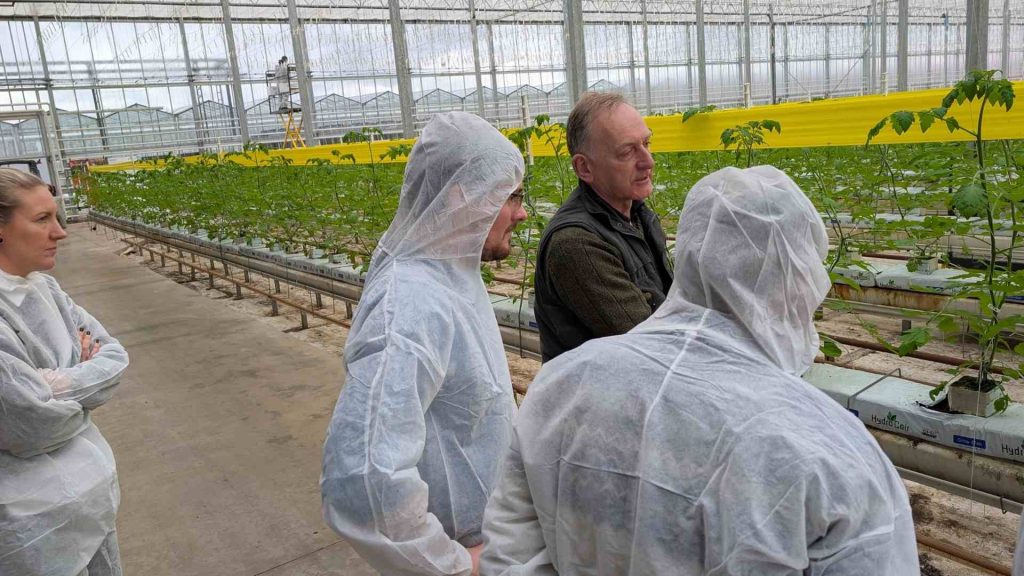 Three people in hazmat suits talk to a man in a greenhouse.