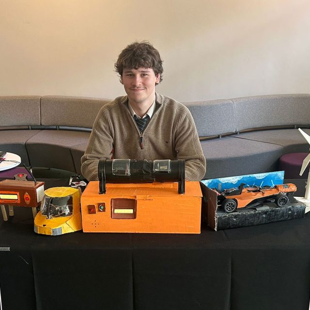 Lewis McLaughlin at the Computer Science End-of-Year Showcase presenting his project: HVAC micro-turbine energy harvesting system.