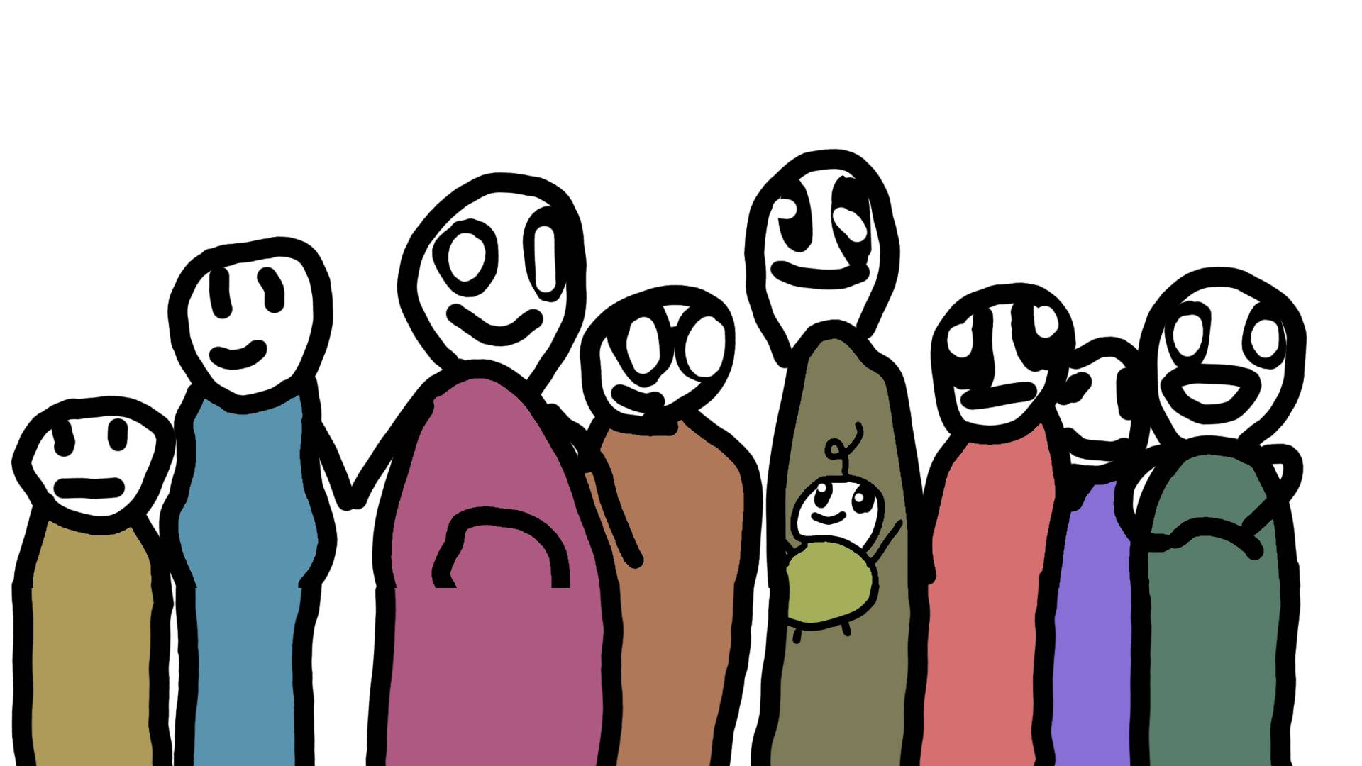 Hand drawn of a group of different people like shapes. with different coloured clothes.