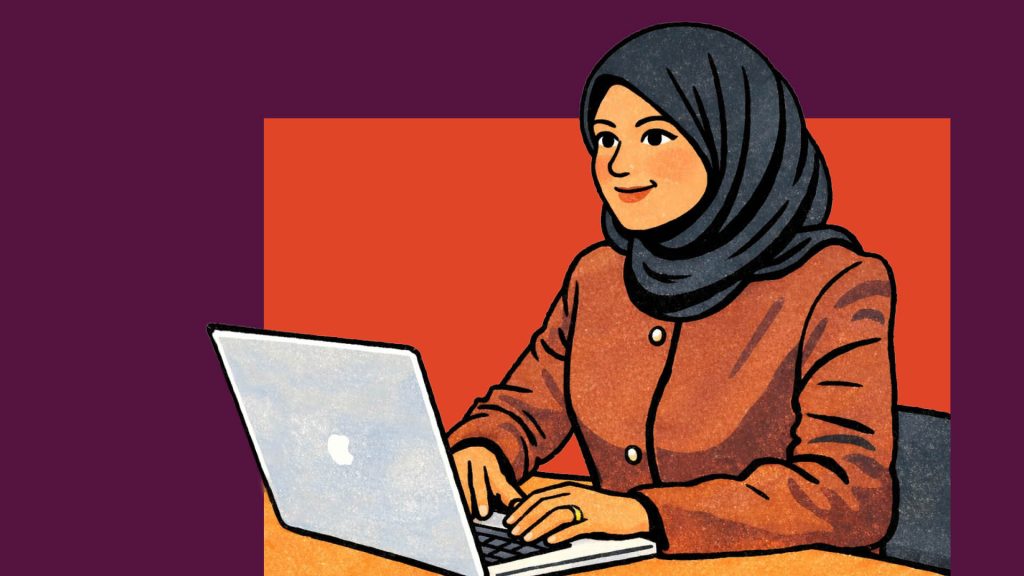 Illustration of a student sat using a laptop