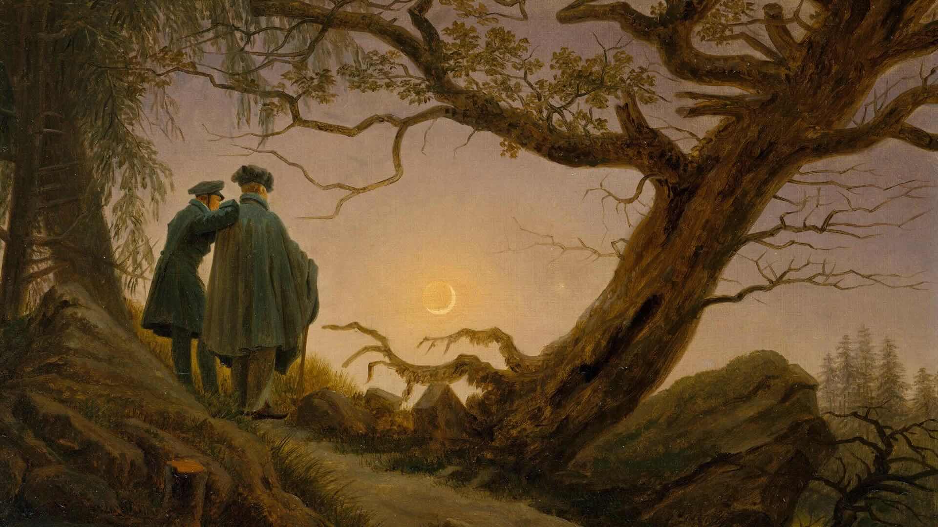 Image of a painting, of two men looking at a fallen tree by Caspar David Friedrich Maenner