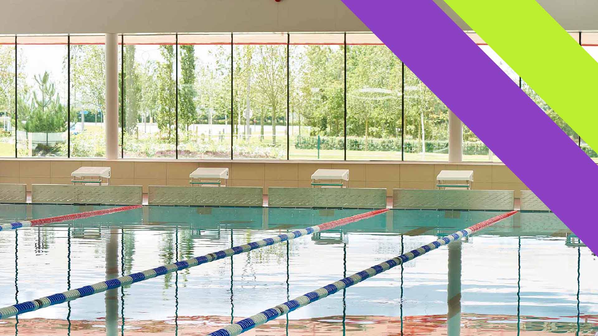 Photo of our swimming pool with the double sash of the Sports Centre sub-brand overlaid on top