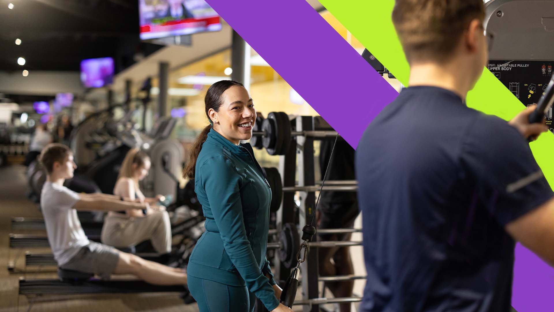 Photo of students using our fitness suite with the double sash of the Sports Centre sub-brand overlaid behind one of the students