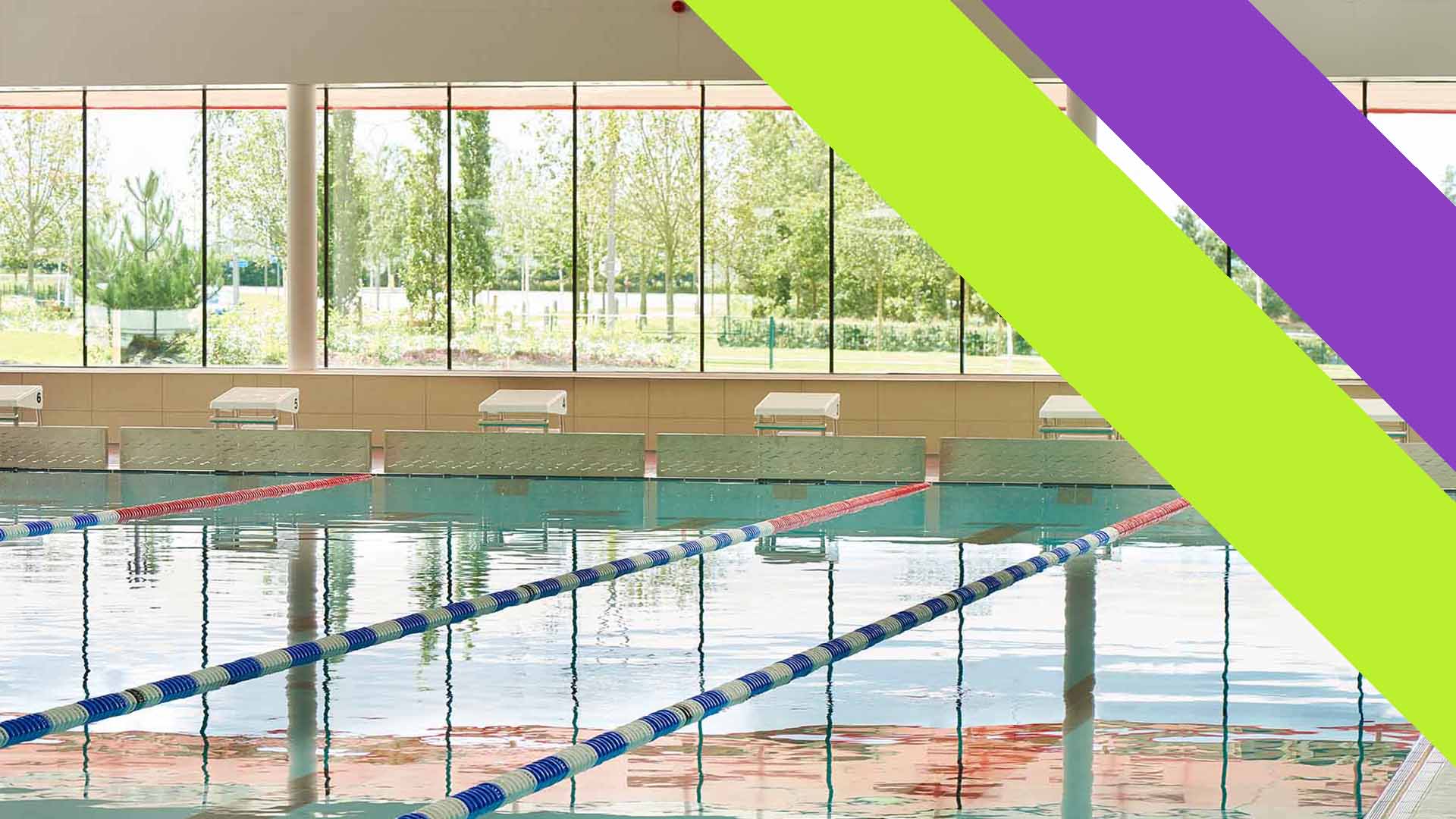 Photo of our swimming pool with the double sash of the Sports Centre sub-brand overlaid on top