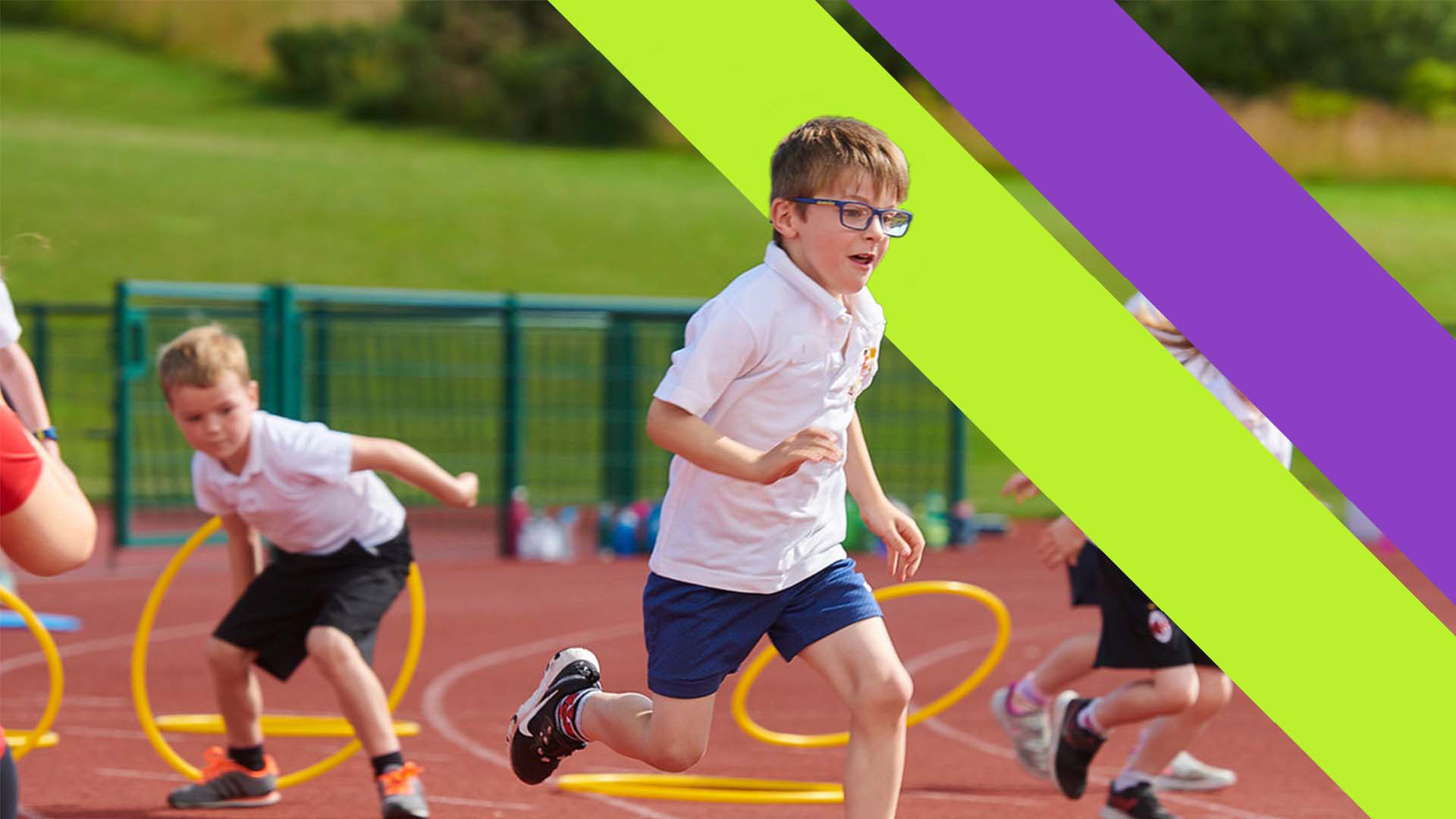 Children racing outside taking part in sports day. Our Edge Hill Sport double sash branding is overlayed over the right hand side of the image, with the central child running in front of one of the sashes