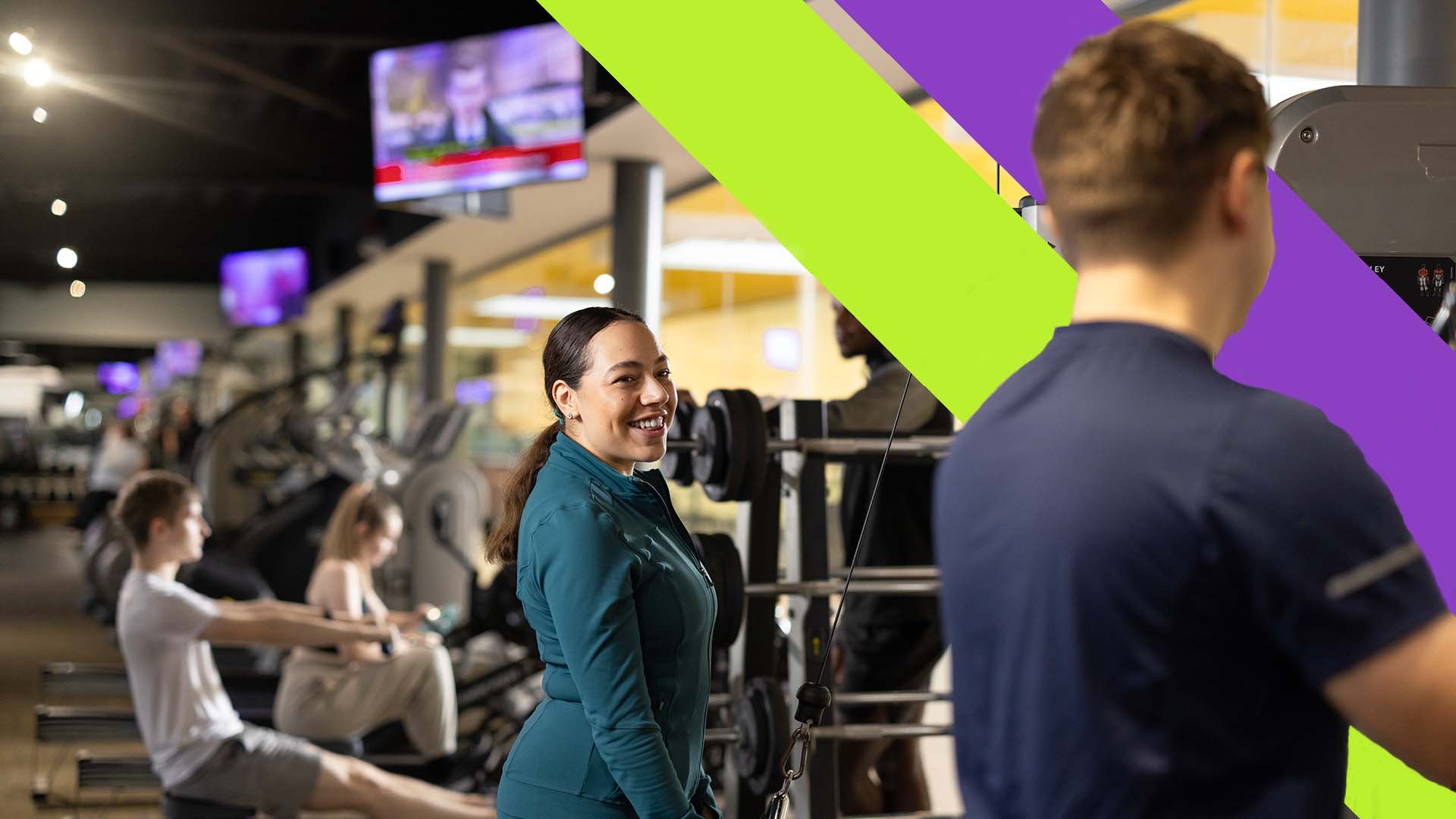Photo of students using our fitness suite with the double sash of the Sports Centre sub-brand overlaid behind one of the students
