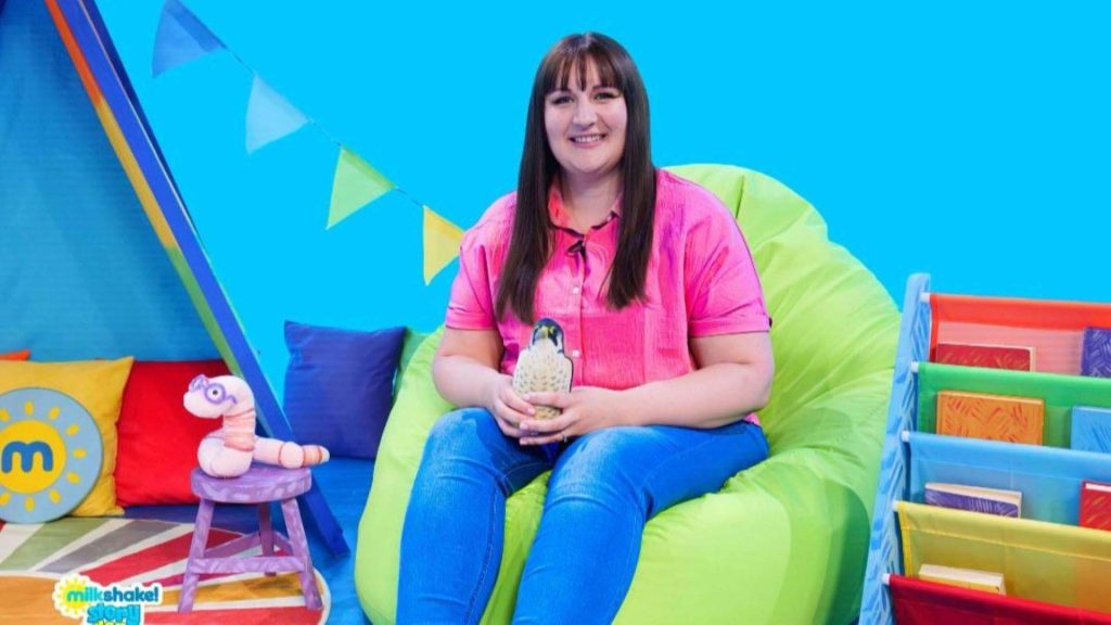 Edge Hill University alumna Alex Durward on set of the Channel 5's Milkshake! Story Den - Feature Your Teacher.