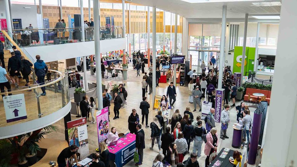 A photo of the 2025 Higher Education Exhibition taking place in the Hub